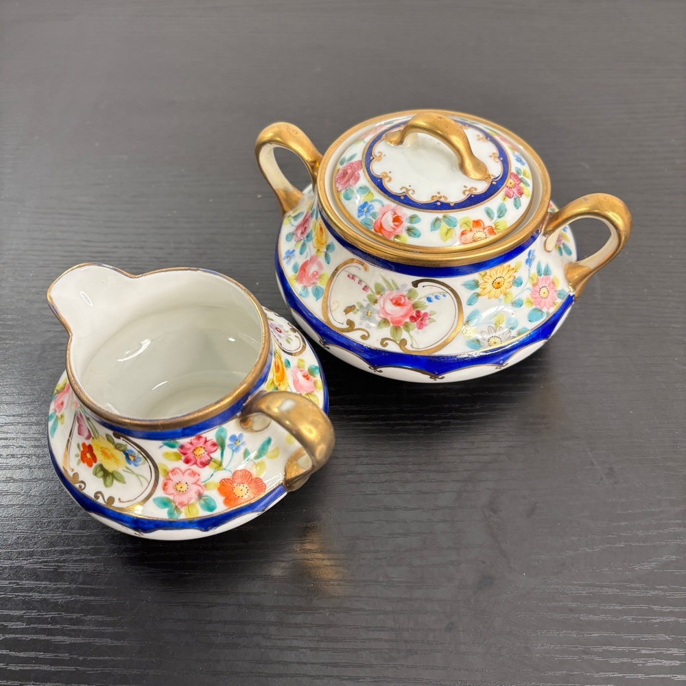 Vintage Nippon Hand painted Cream and Sugar Bowl with Lid Creamer Floral Gold